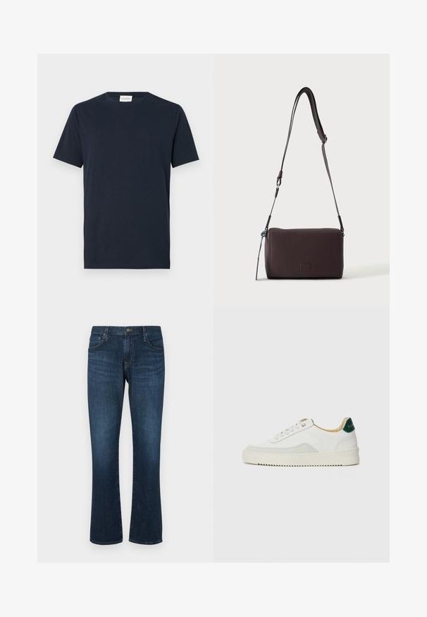 Mørkeblå kortærmet T-shirt lavet af blødt bomuld. Har en rund halsudskæring og et simpelt, rent design uden mønstre eller detaljer.; Mørkeblå denimjeans med lige ben-design, fem lommer og metalknap-lukning. Glat tekstur med subtil falming.; Hvide sneakers med ruskindsdetaljer, rund tå, flade snørebånd og en cremet gummisål. Har grøn branding på hælen.; Mørkebrun textured læder crossbody taske med justerbar rem og lille dekorativ blå accent på siden.