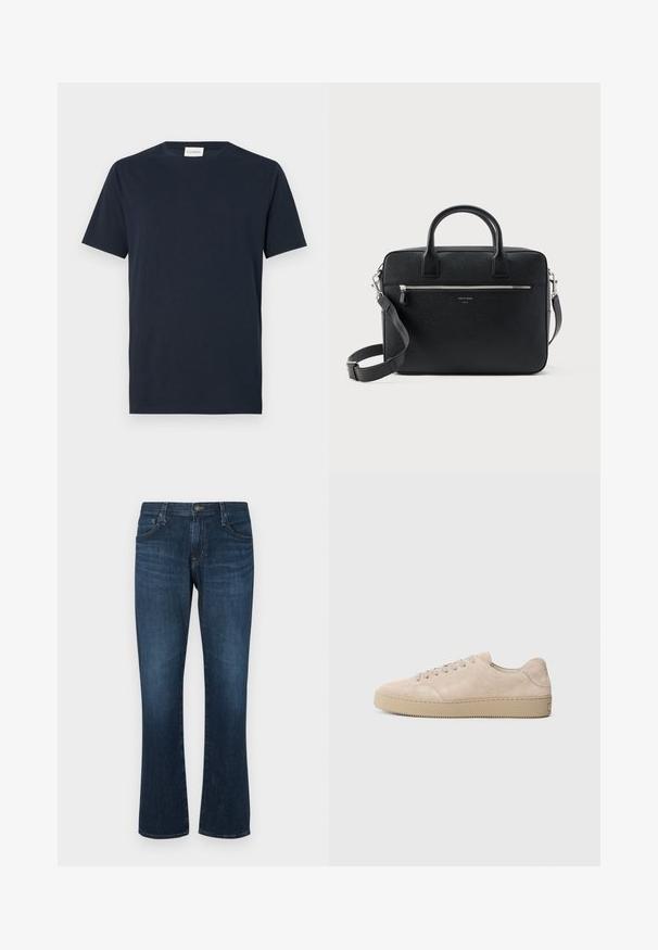 Camiseta de manga corta azul marino hecha de algodón suave. Presenta un escote de barco y un diseño simple y limpio, sin patrones ni acentos.; Jeans de mezclilla azul oscuro con un diseño de pierna recta, cinco bolsillos y cierre de botón metálico. Textura suave con un ligero desvanecimiento.; Zapatilla de ante beige con punta redondeada, cordones planos y suela de goma texturizada. Diseño minimalista con bordes suaves y costuras sutiles.; Maletín rectangular de cuero negro con textura, con doble asa, bolsillo frontal con cremallera y correa de hombro ajustable, mostrado sobre fondo blanco.