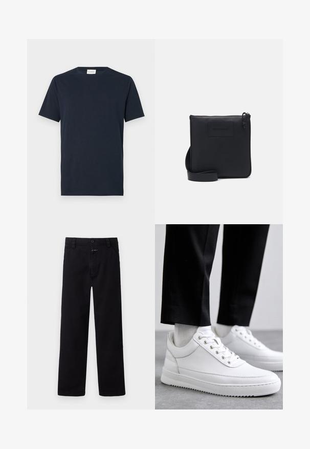 Navyblaue T-Shirt mit kurzen Ärmeln aus weicher Baumwolle. Verfügt über einen Rundhalsausschnitt und ein einfaches, klares Design ohne Muster oder Akzente.; Schwarze Baumwollhosen mit geradem Bein, ausgestattet mit einem Frontverschluss aus Knopf und Reißverschluss sowie seitlichen Taschen. Einfacher und vielseitiger Stil.; Weiße Leder-Sneaker mit flacher Gummisohle, ausgestattet mit einer glatten Oberfläche, runder Zehenpartie und Metallösen für die Schnürsenkel. Getragen mit schwarzen Hosen.; Schwarze Leder-Umhängetasche mit strukturiertem Finish, rechteckiger Form, Reißverschluss und verstellbarem Träger. Mit subtiler Markenlogo auf der Vorderseite.
