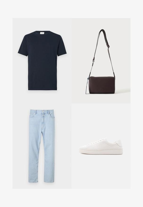 Navy blauwe T-shirt met korte mouwen van zacht katoen. Heeft een rond decolleté en een eenvoudig, strak ontwerp zonder patronen of accenten.; Lichtblauwe, rechte spijkerbroek van denim, met een knoop- en ritssluiting, vijf zakken en subtiele vervaging op de stof.; Witte lederen sneaker met een gladde afwerking, ronde neus, vetersluiting met zes veteroogjes en een rubberen zool met structuur. Minimalistisch ontwerp zonder patronen.; Donkerbruine gestructureerde leren crossbodytas met verstelbare riem en klein decoratief blauw accent aan de zijkant.