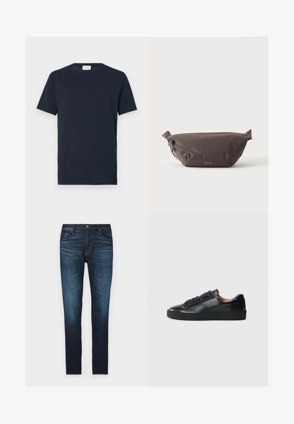 Navy blauwe T-shirt met korte mouwen van zacht katoen. Heeft een rond decolleté en een eenvoudig, strak ontwerp zonder patronen of accenten.; Donkerblauwe denim jeans met een rechte snit, voorzien van vijf zakken, oranje steken accenten en een gladde textuur.; Zwarte leren sneaker met een gladde textuur, ronde neus en vetersluiting. Heeft een dikke rubberen zool en minimale merkaanpassing.; Donkerbruine stoffen heuptas met diagonale ritssluiting en klein wit logo aan de voorkant, tegen een effen lichte achtergrond.