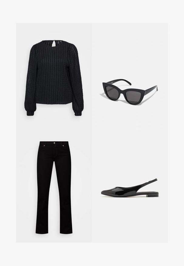 Zwarte geribbelde blouse met lange mouwen en een ronde halslijn, gestructureerde stof, subtiele sleutelgat-detail aan de achterkant en aangesloten manchetten.; Zwarte denimjeans met een slim fit, vijf-pocket ontwerp, knoopsluiting en subtiele koperen accenten op de klinknagels.; Zwarte gepatineerde leren slingback schoenen met een puntige neus en een lage blokhak. Gladde textuur, minimalistisch ontwerp, open achterkant en slanke silhoutte.; Zwarte cat-eye zonnebril met een matte afwerking, voorzien van grijs getinte glazen, scherpe hoeken en slanke zijarmen. Merkennaam zichtbaar op de binnenarm.