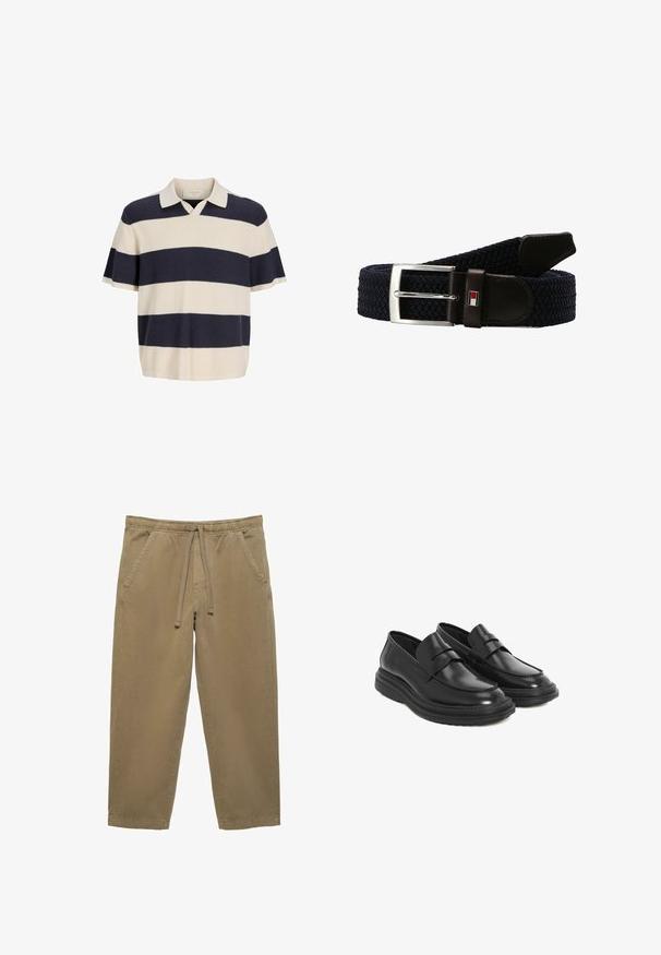 Kortærmet strikket poloshirt med brede vandrette marineblå og creme striber samt en cremefarvet krave.; Khaki-farvede afslappede bukser med elastisk talje og snøre, der har sidelommer og lige ben.; Sorte læder loafers med en rund tå, syet detaljer og en platform gummisål. Har en dekorativ rem tværs over vamps.; Marine vævet bælte med brune læderdetaljer, sølvmetal spænde og et lille logo. Har en flad vævet tekstur og en struktureret form.