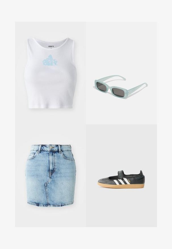 Top corto blanco de canalé con un escote redondo y un logo "OBEY" en azul claro centrado en el pecho. Textura suave y diseño ajustado.; Falda de mezclilla de color azul claro con una forma ajustada, cinco bolsillos, cierre de botón y cremallera, y detalles cosidos a lo largo del dobladillo.; Zapatilla de deporte de cuero negro y ante con una correa de Velcro, que presenta tres rayas blancas y una suela de goma, etiquetada "SAMBA" en el lateral.; Un par de gafas de sol rectangulares con montura translucida azul clara y lentes gris oscuro, que cuentan con patillas rectas y detalles de hardware mínimos.