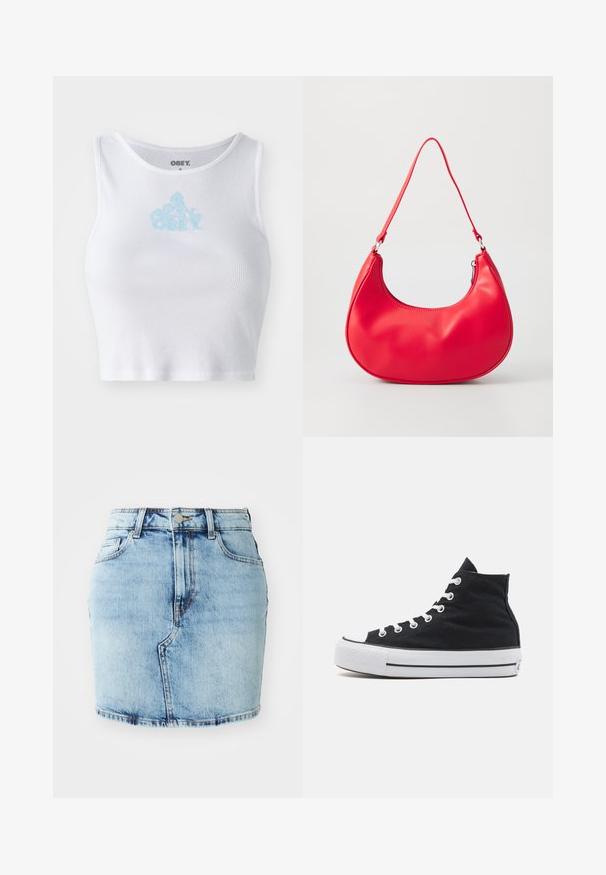 Hvid ribbet crop top med rund halsudskæring og et lyseblåt "OBEY" logo centreret på brystet. Glat tekstur og tætsiddende design.; Lys blå denimnederdel med en tætsiddende facon, fem lommer, knap- og lynlås lukning samt stikninger langs kanten.; Høje canvas sneakers i sort med hvid gummitå, hvide snørebånd og en struktureret sort overdel. Mellemsål i sort og hvid strib.; Rød syntetisk læder skuldertaske med en buet form, slank rem og lynlås lukning. Glat tekstur med synlige syninger.