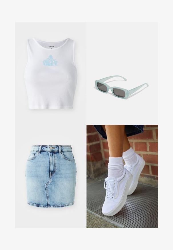 Hvid ribbet crop top med rund halsudskæring og et lyseblåt "OBEY" logo centreret på brystet. Glat tekstur og tætsiddende design.; Lys blå denimnederdel med en tætsiddende facon, fem lommer, knap- og lynlås lukning samt stikninger langs kanten.; Hvide lærreds sneakers med gummisåler, der har seks snørehuller, rund tå og let sømdetaljer, krydret med hvide ankelstrømper.; Et par rektangulære solbriller med lyseblå gennemsigtige stel og mørkegrå linser, der har lige templer og minimale hardware detaljer.