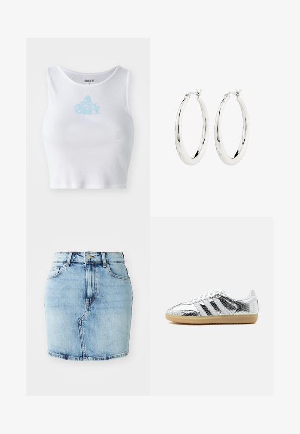 Witte geribbelde crop top met een ronde halslijn en een lichtblauwe "OBEY" logo in het midden van de borst. Soepele textuur en aansluitend ontwerp.; Lichtblauwe denimrok met een aansluitende pasvorm, vijf zakken, een knoop- en ritssluiting en gestikte details langs de zoom.; Low-top sneaker met zilveren metallic slangenhuidtextuur, witte strepen, witte veters en lichte gumzool op een witte achtergrond.; Zilveren oorbellen in de vorm van een gladde, glanzende ring. Circulaire vorm, voorzien van een veilige sluiting. Eenvoudig en elegant ontwerp.