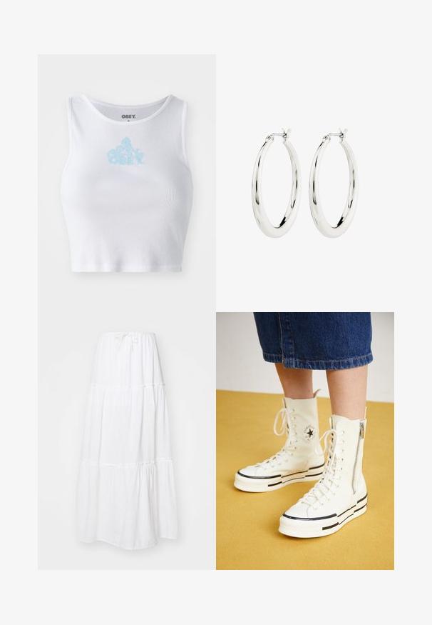Hvid ribbet crop top med rund halsudskæring og et lyseblåt "OBEY" logo centreret på brystet. Glat tekstur og tætsiddende design.; Hvid maxi nederdel lavet af letvægtsstof, med et lagdelt design, samlingselementer og en justerbar snorelivel. ; Hvide høj-top sneakers med lynlåslukning, snørresystem og sorte striber på en tyk sål. Tekstureret kanvasmateriale.; Sølvøreringe i form af hoops med en glat, blank finish. Cirkulær form, der har en sikker lås. Simpelt og elegant design.