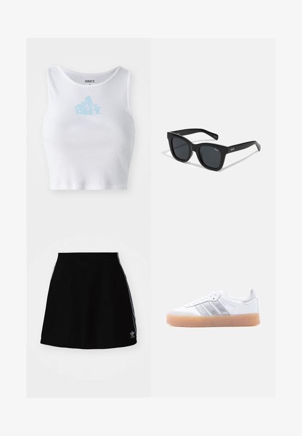Hvid ribbet crop top med rund halsudskæring og et lyseblåt "OBEY" logo centreret på brystet. Glat tekstur og tætsiddende design.; Sort athletisk nederdel med en udvidende design, prydet med hvide sidelogoer og et broderet logo ved kanten. Fremstillet af glat, strækbart materiale.; Hvid lavtop-sneaker med gum-gummisål, sølvstribede sideaccents og snørelukning, vist mod en ensfarvet lys baggrund.; Sorte rektangulære solbriller med en glat plastikramme og mørke glas. "QUAY" logo på siden i hvid. Minimalistisk design.