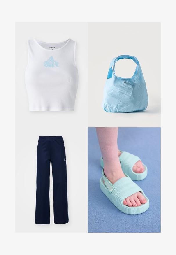 Hvid ribbet crop top med rund halsudskæring og et lyseblåt "OBEY" logo centreret på brystet. Glat tekstur og tætsiddende design.; Marineblå bomuldsblandede træningsbukser med bred benstil, elastisk talje og lynlåslommer, prydet med hvide sideordner og logo-detalje.; Lysblå sandaler med en ribbet tekstur, åben tå, justerbar rem og tyk sål, der viser et glat, fleksibelt materiale.; Lyseblå genanvendelig indkøbs taske med brede håndtag, let krøllet stof, stående oprejst på en ensfarvet hvid baggrund.
