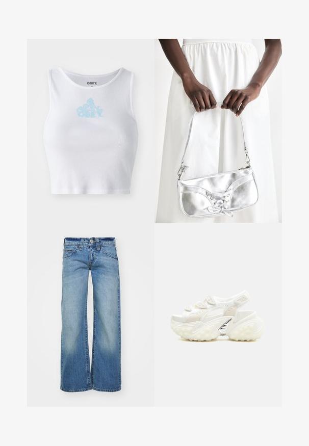 Top corto blanco de canalé con un escote redondo y un logo "OBEY" en azul claro centrado en el pecho. Textura suave y diseño ajustado.; Jeans de pierna ancha color azul claro en tela de mezclilla, con un lavado desgastado, cinco bolsillos y un cierre de botón con pasadores para cinturón.; Sandalia deportiva blanca y robusta con tiras ajustables de Velcro, detalles perforados, suela gruesa y texturizada, y un detalle plateado en el arco.; Bolso metálico plateado con detalle de cordones, que presenta un diseño elegante y una correa corta. El bolso está sostenido con las manos, mostrando su textura.