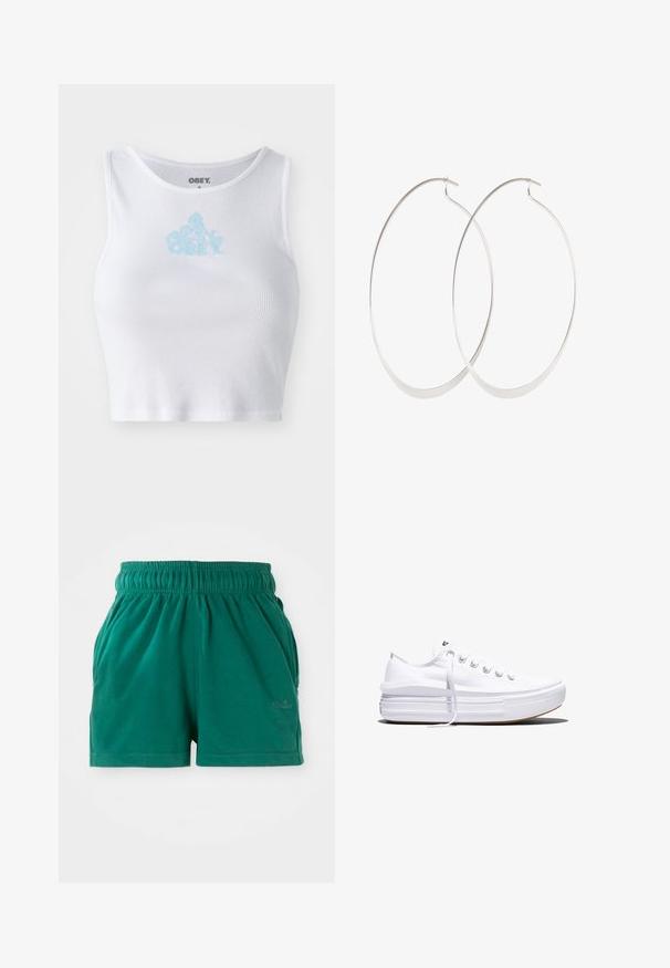 Hvid ribbet crop top med rund halsudskæring og et lyseblåt "OBEY" logo centreret på brystet. Glat tekstur og tætsiddende design.; Grønne elastiske casual shorts med sidelommer og en diskret logo på højre ben.; Hvid lavt snørestøvle med tyk plateau-sål, snørelukning foran og gummiforstærket tåkap, set i sideprofil.; Sølv hoops øreringe med et tyndt, glat design; langstrakt oval form; poleret finish; har en sikker krog lukning.