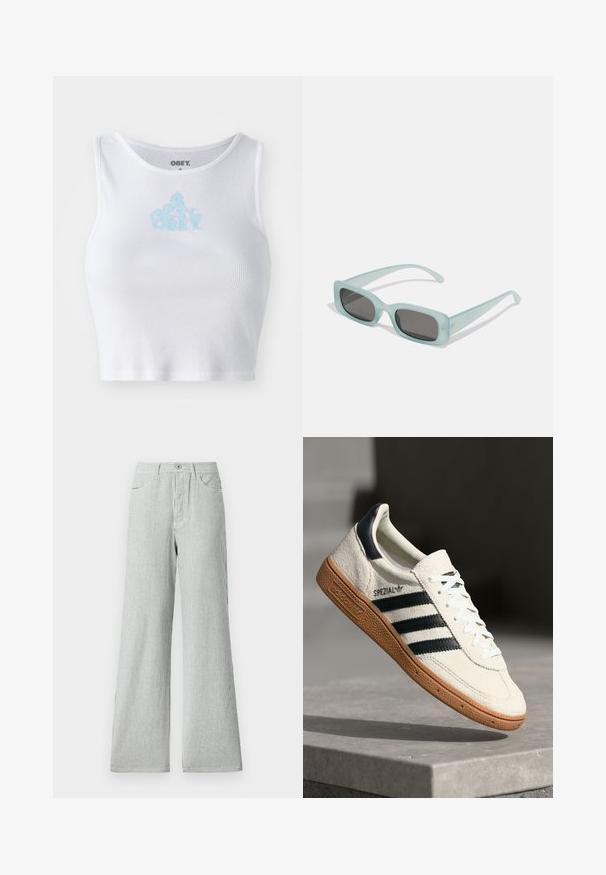 Biely rebrovaný crop top s okrúhlym výstrihom a svetlomodrým logom "OBEY" umiestneným na hrudi. Hladká textúra a priliehavý strih.; Prúhované široké nohavice vyrobené z ľahkej tkaniny, s vertikálnymi modro-bielymi pruhmi, vysokým pásom a prednými vreckami.; Biele semišové tenisky s námorníckymi pruhmi, gumovou podrážkou, textúrovaným zvrškom, okrúhlou špičkou a šnurovaním; obsahujú označenie na boku a jazyku.; Párik obdĺžnikových slnečných okuliarov s svetlomodrými priehľadnými rámami a tmavosivými sklami, s rovnými stranami a minimálnymi hardvérovými detailmi.