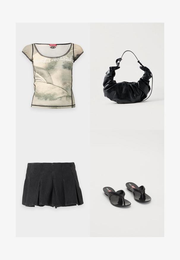 Tailliertes Damen-T-Shirt mit kurzen Ärmeln, abstraktem beige-grauem Druck, schwarzer Paspelierung und rotem Diesel-Logoetikett am Ausschnitt.; Schwarzer, plissierter Minirock mit sichtbaren Nahtdetails, aus Denim-Stoff, vor einem schlichten hellen Hintergrund gezeigt.; Melissa QUANTUM THONG X DIESEL - Zehentrenner - black; Schwarze Kunstleder-Handtasche mit einem weichen, gerafften Design und einem flexiblen Henkel, der eine glatte Textur und einen subtilen Glanz zeigt.