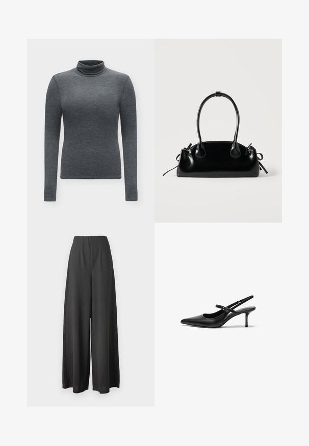Mørkegrå langærmet dame rullekravesweater med slim fit og glat, blødt stof.; Sorte vide bukser lavet af et glat stof, med høj talje og plisseret design for ekstra struktur og dybde.; Sorte læder slingback hæle med spids tå, slank justerbar rem og en stiletto hæl på cirka 5 cm, glat tekstur.; Lille sort blank håndtaske med to lange håndtag og snøre-detaljer i siden på en ensfarvet lys baggrund.