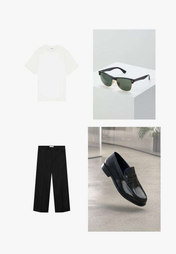 Weißes Kurzarm-T-Shirt aus Baumwolle mit Rundhalsausschnitt und dezentem Logo auf der Brust, mit glatter Textur.; Schwarze Hosen mit weitem Bein aus glattem Material, mit Vordertaschen, einem Knopfverschluss und einer Bügelfalte an jedem Bein.; Schwarze Leder-Loafer mit glatter Oberfläche, abgerundeter Spitze, dekorativen Nähten und leicht erhöhtem Absatz.; Ray-Ban Sonnenbrillen mit grünen Gläsern, schwarzen Kunststoffrahmen und goldenen Akzenten an den Rändern. Quadratische Form mit matter Oberfläche.
