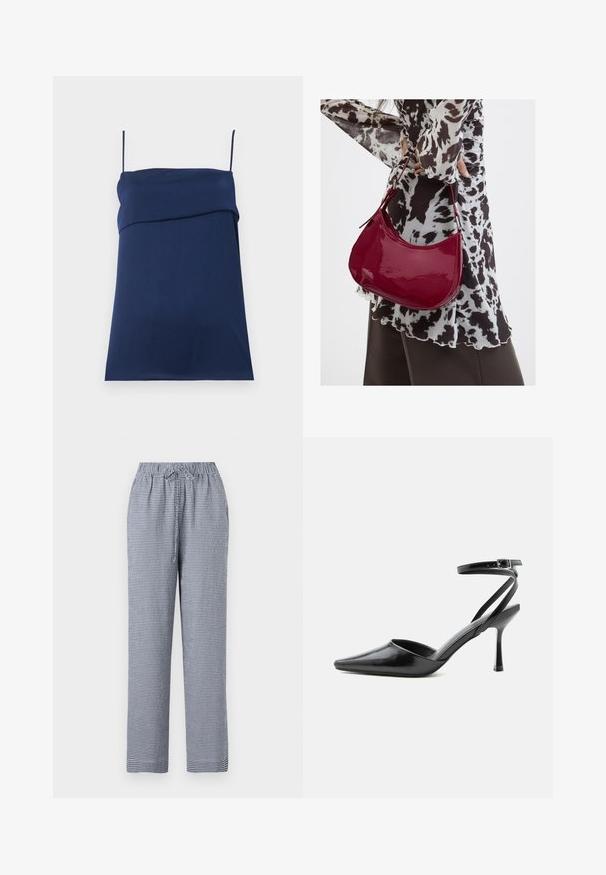 Vestido azul marino sin mangas con tirantes finos y detalle plisado en el pecho, colocado plano sobre un fondo claro.; Pantalones a cuadros en azul y blanco con cintura elástica y cordón, con un diseño de pierna recta y tejido ligero.; Zapato de tacón alto negro de punta fina con delgadas correas en el tobillo y cierre de hebilla plateada sobre un fondo liso claro.; Mujer con blusa de estampado en blanco y negro sosteniendo un bolso de hombro rojo brillante sobre un fondo liso.
