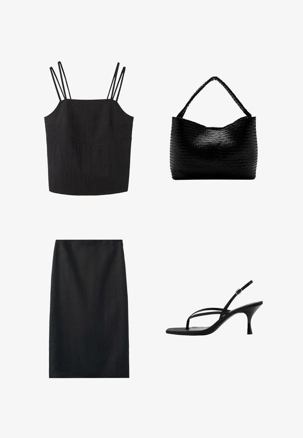 Top noir sans manches avec deux fines bretelles sur chaque épaule et un décolleté droit.; Jupe crayon noire longueur genou avec une coupe droite et une texture de tissu lisse, présentée sur fond blanc.; Sandale noire à talons hauts avec fines lanières, bride arrière à la cheville avec boucle, et talon moyen effilé.; Sac à main tissé noir avec une anse unique tressée, forme rectangulaire et surface texturée brillante.