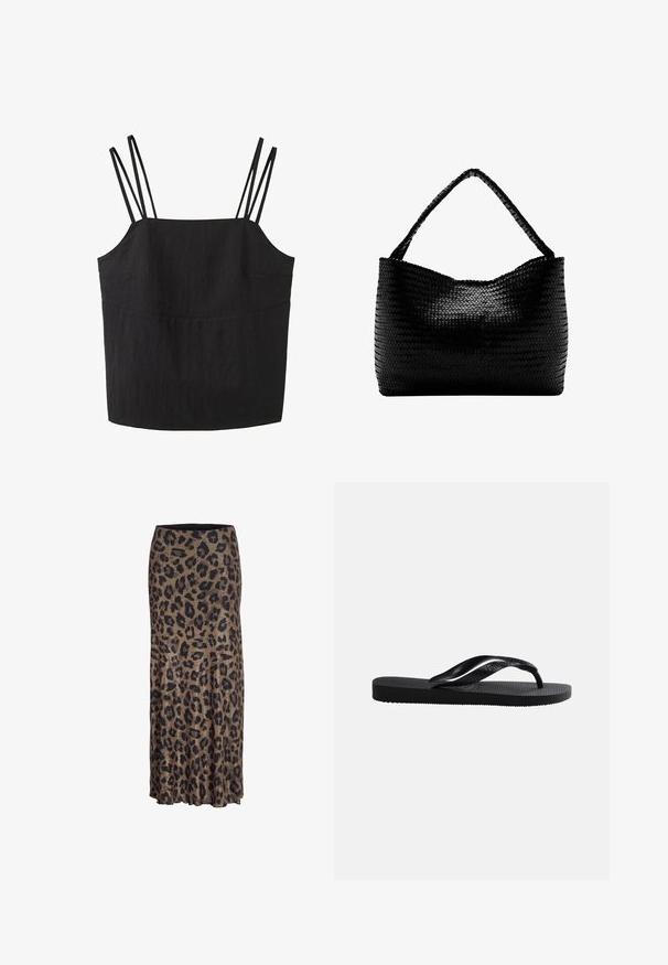 Zwarte mouwloze top met dubbele dunne bandjes op elke schouder en een rechte halslijn.; Leopardprint rok in bruin en zwart, met een vloeiende vormgeving en een subtiele ruffle zoom, gemaakt van lichte, zachte stof.; Zwarte rubberen teenslipper met gestructureerd voetbed en een glad Y-vormig bandje op een effen lichte achtergrond.; Zwarte geweven handtas met een enkele gevlochten hengsel, rechthoekige vorm en glanzend gestructureerd oppervlak.
