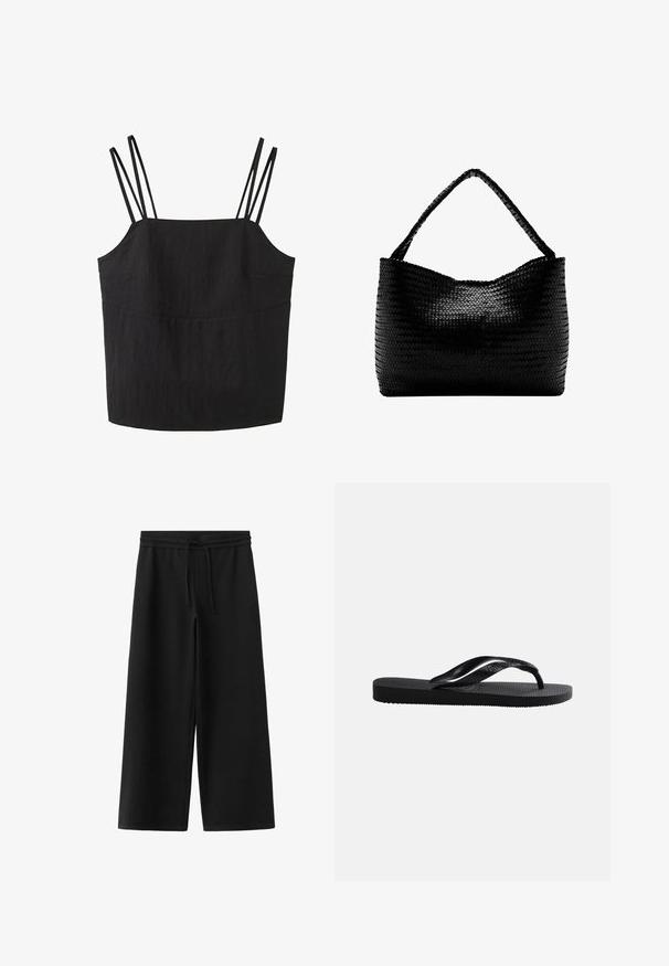 Top noir sans manches avec deux fines bretelles sur chaque épaule et un décolleté droit.; Pantalon noir à jambes larges avec taille élastique et cordon, en tissu doux, présenté à plat sur fond blanc.; Tongs en caoutchouc noir avec semelle texturée et bride en Y lisse sur un fond clair uni.; Sac à main tissé noir avec une anse unique tressée, forme rectangulaire et surface texturée brillante.