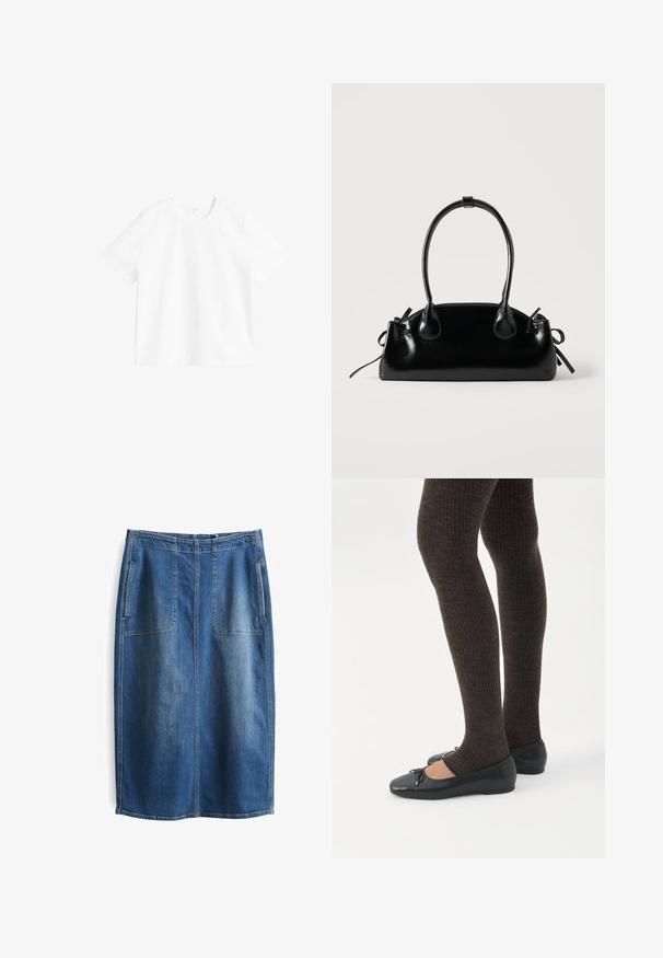 Effen wit T-shirt met korte mouwen en ronde hals, weergegeven op een witte achtergrond, met een vooraanzicht en minimale stikdetails.; Jeansrok met een rechte pasvorm, in een medium blauwe wassing, voorzien van twee grote voorzakken en zichtbaar stiksel langs de naden.; Benen met donkere geribbelde leggings gecombineerd met zwarte ballerina's met kleine strikdetails op een witte achtergrond.; Kleine zwarte glanzende handtas met twee lange hengsels en zijkant trekkoord details op een effen lichte achtergrond.