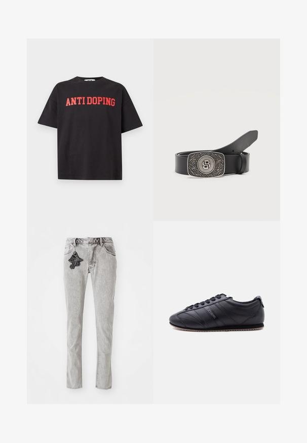 Zwart T-shirt met korte mouwen met rode tekst "ANTI DOPING" bedrukt over de borst, weergegeven op een effen lichte achtergrond.; Lichtgrijze rechte denim jeans met ritssluiting, vijf zakken en een decoratieve zwarte sleutelhangeraccent aan de voorkant.; Zwarte lage sneaker met vetersluiting, gestikte paneelontwerp, gestructureerde zool en "ICEBERG"-logo op de zijkant, afgebeeld tegen een lichte achtergrond.; Zwarte leren riem met een rechthoekige zilveren gesp, voorzien van gegraveerde bloemmotieven en een centraal gestileerd "B"-logo.