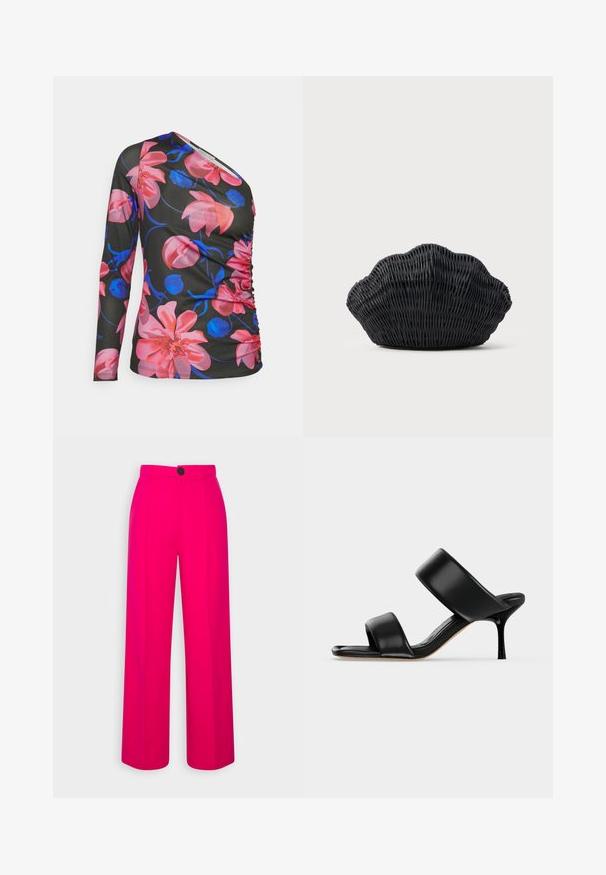 Anna Field by Zalando Langærmet T-shirt - black/pink; Fuchsia brede bukser med høj talje, frontfald og en enkelt sort knaplukning. Glat tekstur og skræddersyet design.; Sort læder mule sandal med to brede remme og en slank mellemhøj stiletthæl på en ensartet lys baggrund.; Sort flet håndtaske formet som en muslingeskal med en buet top og flettet tekstur på en ensfarvet baggrund.