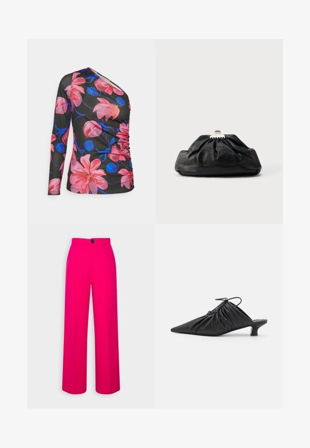 Anna Field Μπλούζα με μακριά μανίκια - black/pink; Φουξία παντελόνια με φαρδιά πόδια και ψηλή μέση, με πιέτες μπροστά και έναν μόνο μαύρο κουμπί κλείσιμο. Λείο υλικό και κομψή σχεδίαση.; Μαύρα δερμάτινα slip-on mules με μυτερή μύτη, μα gathered υφή και μικρό τακούνι kitten. Διαθέτουν λεπτομέρεια με κορδόνι στην είσοδο.; Μαύρο δερμάτινο τσάντα χειρός με πτυχωτή υφή, μεταλλικό κούμπωμα και διακριτικό ανάγλυφο λογότυπο στο μπροστινό μέρος. Στρογγυλεμένο σχήμα.