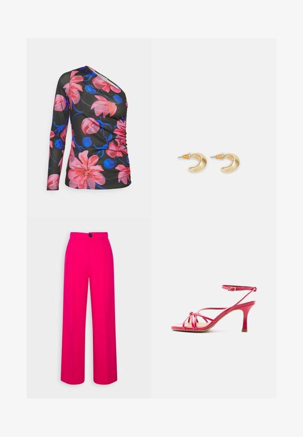 Anna Field by Zalando Langærmet T-shirt - black/pink; Fuchsia brede bukser med høj talje, frontfald og en enkelt sort knaplukning. Glat tekstur og skræddersyet design.; Pink højhælet sandal med åbent tåparti, tynd ankelrem med spænde og lille hæl på ensfarvet hvid baggrund.; Guld halvmåneformede øreringe med en glat overflade, der har orange accenter nær stiften og sølv hardware.