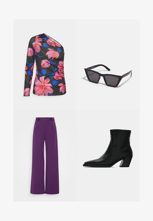 Anna Field by Zalando Langærmet T-shirt - black/pink; Vibbrante purple bredde ben bukser lavet af glat stof, med en skræddersyet talje, der har to sorte knapper og frontfolder.; Sortlæder ankelstøvle med spids tå, en slank silhuet og en kraftig firkantet hæl. Glat tekstur med minimale stikninger.; Sorte, kantede solbriller med grå linser; lavet af plast, med tykke stænger med en glat overflade og ingen synlig hardware.