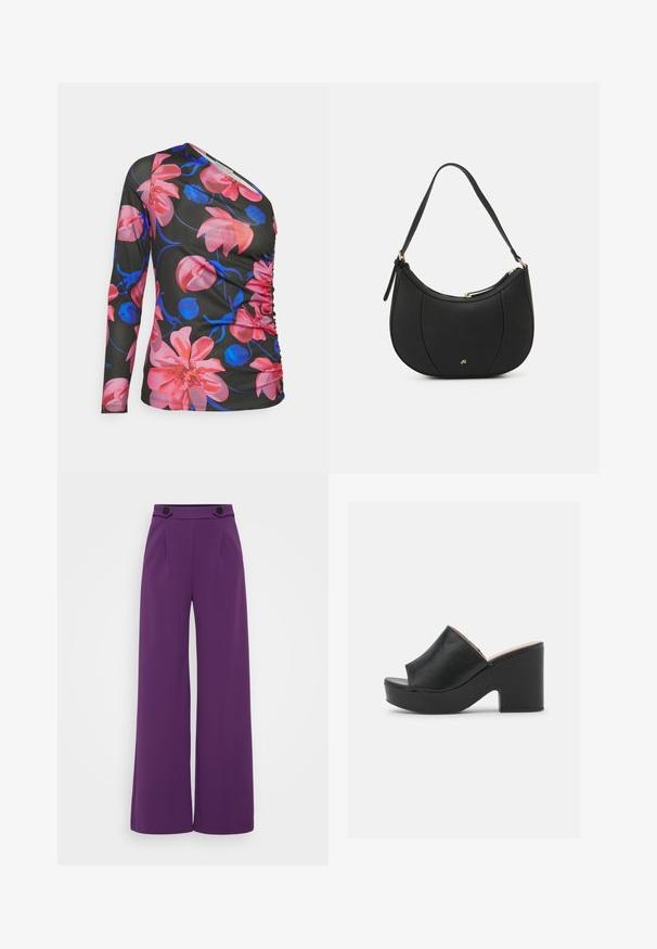 Anna Field by Zalando Μπλούζα με μακριά μανίκια - black/pink; Πλατιά παντελόνια σε ζωηρό μωβ χρώμα, φτιαγμένα από απαλό ύφασμα με ραμμένο μέσο που διαθέτει δύο μαύρα κουμπιά και πτυχές μπροστά.; Μαύρες δερμάτινες ανοιχτές μπαλαρίνες διαθέτουν φαρδιά μπροστινή ταινία και χοντρό, ψηλό πλατφόρμα με λεία υφή. Εμφανίζεται πλευρική όψη.; Μαύρη δερμάτινη τσάντα χειρός με καμπύλο σχήμα, υφή στην επιφάνεια, εμπρόσθια ραφή και λογότυπο σε χρυσό τόνο. Διαθέτει μία ρυθμιζόμενη ιμάντα.