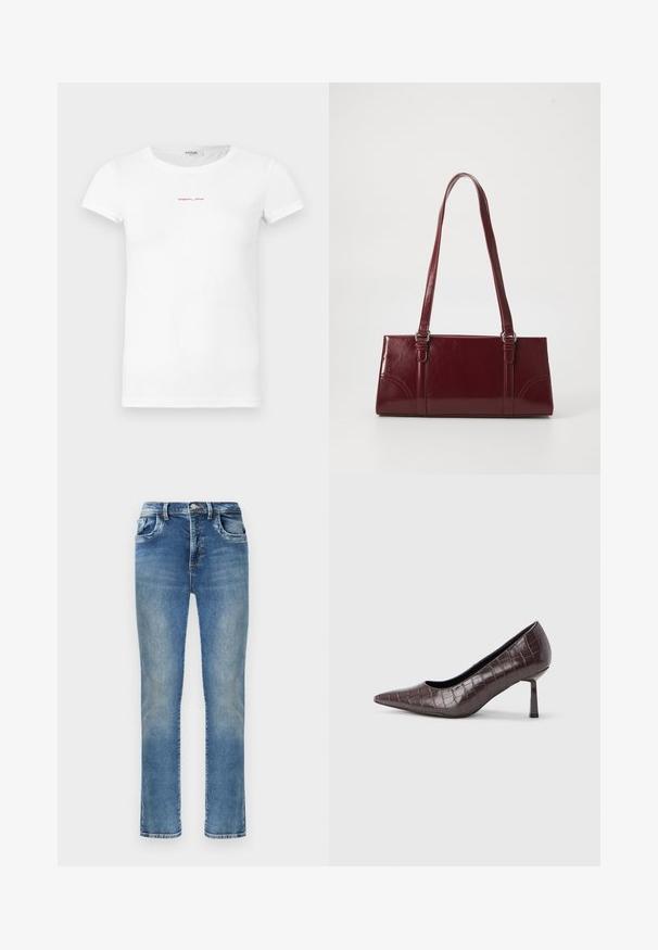 T-shirt blanc à manches courtes et col rond avec petit logo rouge "REPLAY" centré sur la poitrine.; Jean en denim bleu à coupe droite avec une décoloration usée, bouton avant, braguette zippée, passants pour ceinture et design classique à cinq poches.; Escarpins à bout pointu en similicuir marron avec une texture crocodile, dotés d’un talon fin et angulaire ainsi que d’une doublure intérieure lisse.; Sac à main bordeaux en matériau brillant, de forme rectangulaire, avec deux anses et des accents légèrement courbés à l'avant.