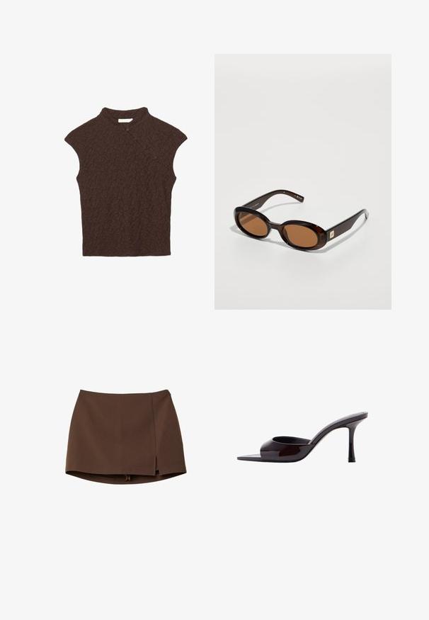 Haut sans manches marron foncé texturé avec un col montant et une patte boutonnée asymétrique sur le côté droit avant.; Mini-jupe marron en tissu lisse, avec une fente frontale, des lignes épurées et une coupe structurée. Sans poches ni détails métalliques apparents.; Mule en cuir verni noir à bout ouvert avec un talon stiletto fin de hauteur moyenne et une bride supérieure basse.; Lunettes de soleil écaille de tortue marron avec des verres ovales, dotées d'une fine monture et d'un petit accent métallique sur le côté. Fini texturé et poli.