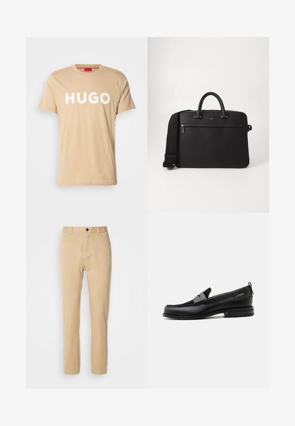 T-shirt en coton beige avec un col rond, des manches courtes et un logo blanc "HUGO" bien en vue à l'avant. Texture lisse, design décontracté.; Chino beige en tissu coton lisse, coupe slim, devant plat, passants de ceinture et fermeture à un bouton. Design ajusté avec des coutures discrètes.; Mocassin en cuir noir avec détail de bride grise, talon bas et semelle texturée, marqué "HUGO" en or sur le côté.; Sac en cuir noir avec une texture lisse, deux poignées supérieures et une bandoulière amovible. Il dispose d'une poche avant zippée et de détails de logo.