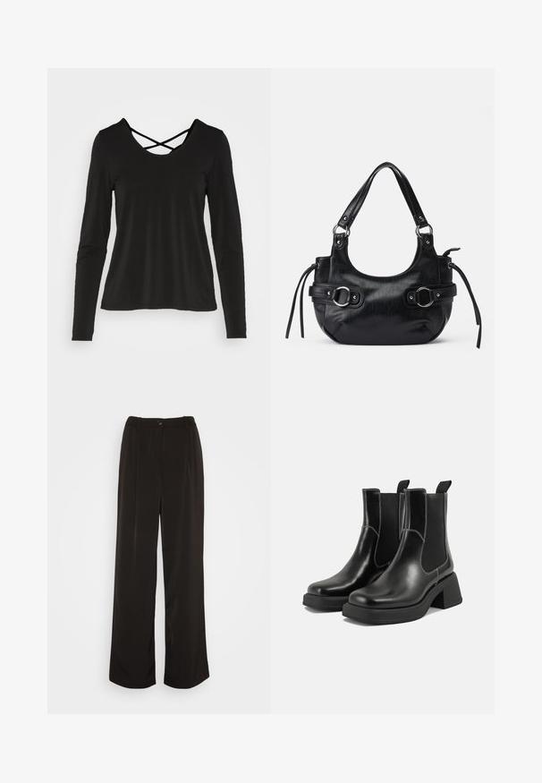 ONLY ONLREBA CROSS BACK - T-shirt à manches longues - black; Vero Moda Wide leg VMLUNADESI Mid waist - Pantalon classique - black; Bottes Chelsea en cuir noir avec un talon épais, des panneaux latéraux élastiques et des coutures blanches contrastantes. Fini texturé.; Sac à main en cuir noir de forme arrondie, avec deux boucles sur les côtés, texture lisse et une courte bandoulière. Détails supplémentaires avec des pompons latéraux.