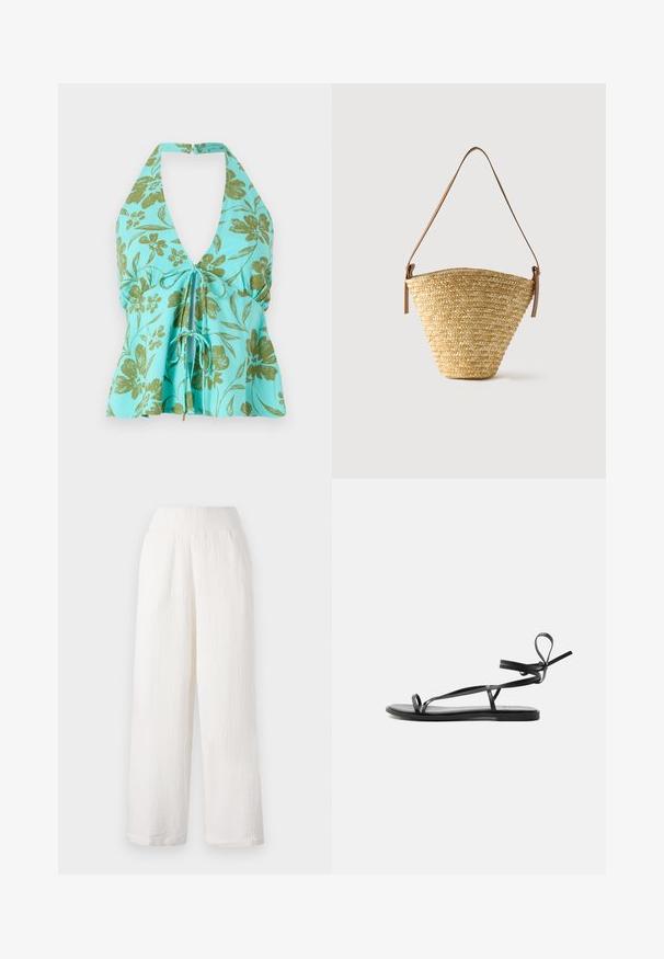 Haut halter floral en turquoise avec imprimé floral vert. Design en V avec un détail de cordon ajustable à l'avant. Tissu léger.; Pantalons larges blancs en tissu texturé et froissé. Dotés d'une taille élastique et de poches latérales pour plus de commodité.; Sandale plate noire avec de fines lanières et un design enveloppant la cheville sur un fond clair uni.; Sac seau en paille tissée avec une base large, un sommet étroit et une bandoulière en cuir marron ajustable.