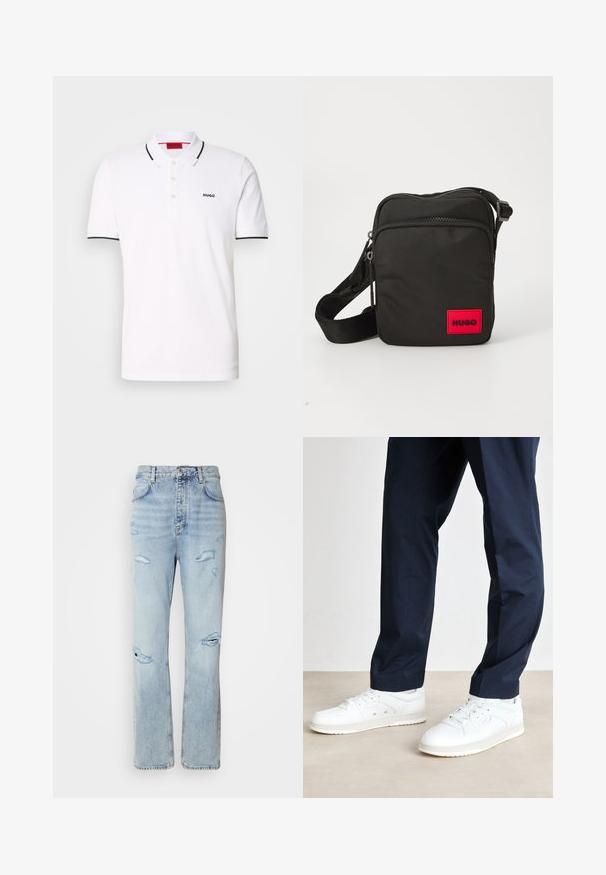Polo blanc en coton, doté d'un col classique, d'une patte de boutonnage à trois boutons, d'une bordure noire sur les manches et d'un petit logo noir sur la poitrine.; Jean en denim délavé avec une coupe décontractée, présentant des zones déchirées et des bords effilochés. Le tissu a une texture douce et lisse.; Baskets blanches avec des détails perforés sur le bout et sur le côté, associées à un pantalon marine, sur un fond de sol neutre.; Sac en nylon noir à bandoulière avec un patch logo rectangulaire rouge, des compartiments zippés, une sangle ajustable et une surface texturée.