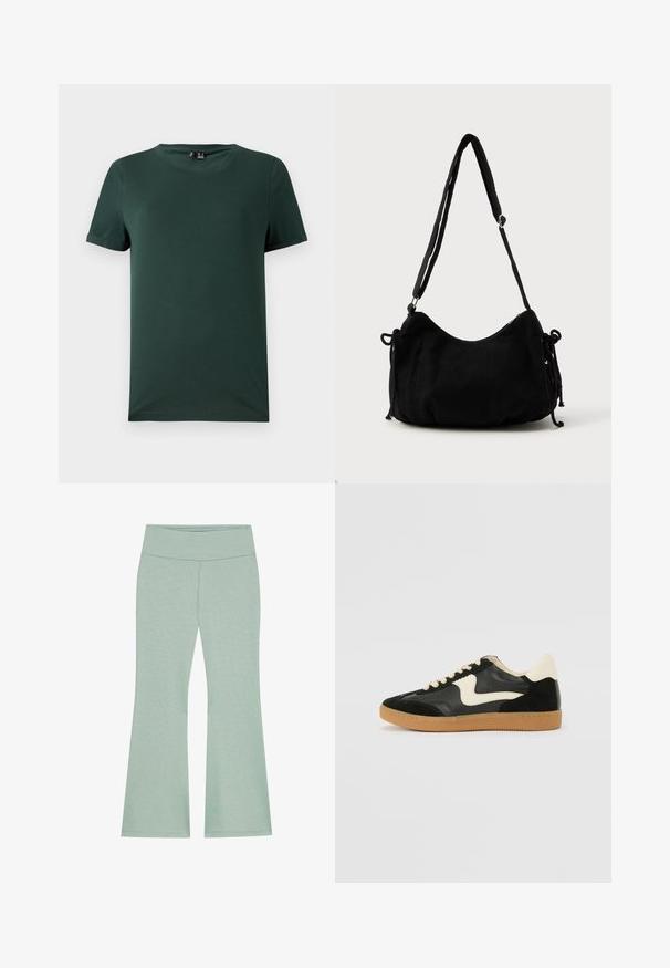 T-shirt court à manches courtes de couleur vert foncé avec un col rond, fabriqué dans un tissu doux et lisse. Il possède des poignets roulés et une coupe décontractée.; Pantalons évasés vert clair avec une large ceinture, fabriqués en tissu doux et texturé. Présente un motif chiné subtil sur l'ensemble.; Baskets en daim et cuir noir avec un swoosh latéral crème et un talon crème clair. Dotées de lacets beige et d'une semelle en caoutchouc gomme.; Sac à épaule en velours côtelé noir avec une forme courbée, bandoulière réglable et fermetures à cordon des deux côtés pour un ajustement de taille.