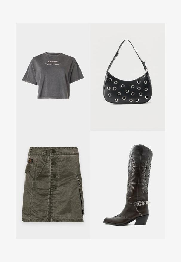 Even&Odd by Zalando T-shirt print - black; Olijfgroene rok met knopen aan de voorkant, gemaakt van gestructureerde stof, met een zijzak en stikdetails. Regular fit, knielange ontwerp.; Zwarte leren cowboylaars met decoratieve uitsnijdingen, zilveren gesp en schuine hak, weergegeven op een witte achtergrond.; Zwarte leren schoudertas met verstelbare riem, voorzien van zilveren metalen oogjes en een ritssluiting bovenaan.