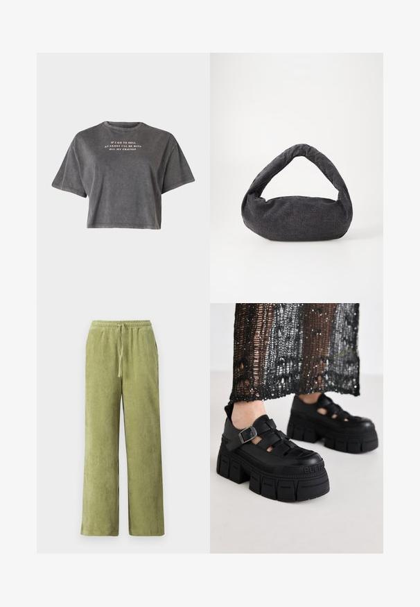 Even&Odd by Zalando T-shirt print - black; Groene corduroybroek met een wijde pijpdesign, elastische tailleband en aansnoerdetail. Verticale ribbels in de stof creëren textuur.; Zwarte platform sandalen met een chunky ontwerp, voorzien van brede banden en een zijgesp. Gemaakt van textuur rubber met een logo-detail.; Donkergrijze stoffen tas met een gebogen handvat, zachte textuur en ronde vorm. Geen zichtbare hardware of versieringen.