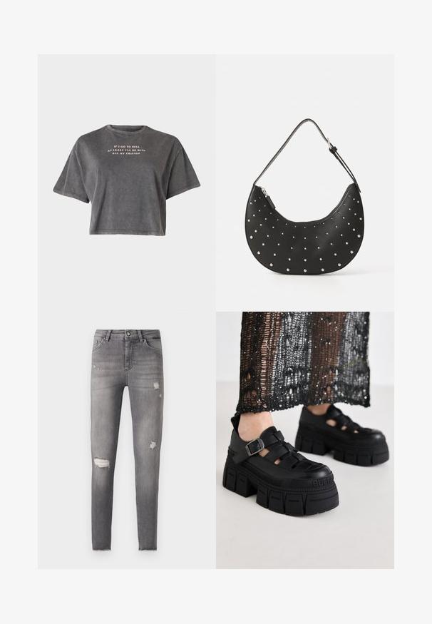 Even&Odd by Zalando T-shirt print - black; Skinny jeans van een vervaagd grijs denim materiaal, met versleten scheuren op beide knieën en een iets rafelige zoom. Klassiek 5-pocket ontwerp.; Zwarte platform sandalen met een chunky ontwerp, voorzien van brede banden en een zijgesp. Gemaakt van textuur rubber met een logo-detail.; Zwarte leren handtas met een gebogen vorm, versierd met zilveren studs, voorzien van een ritssluiting en een enkele verstelbare schouderband.
