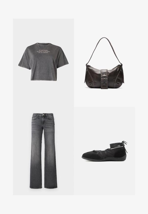 Even&Odd by Zalando Μπλουζάκι με στάμπα - black; Γκρι τζιν παντελόνι με ίσιες γραμμές και ελαφριά ξεθώριασμα στους μηρούς, με κλασικό σχέδιο πέντε τσέπες, φόντο λευκό.; Μαύρο επίπεδο παπούτσι με λουριά που τυλίγονται γύρω από τον αστράγαλο και σουέτ λεπτομέρειες, σχεδιασμένο για ασφαλή εφαρμογή και μινιμαλιστικό στυλ.; Καφέ δερμάτινη τσάντα ώμου με καμπύλη μορφή, που διαθέτει έντονη διάκοσμηση από κούμπωμα, αντίθετη ραφή και μία μόνο λουρί ώμου.