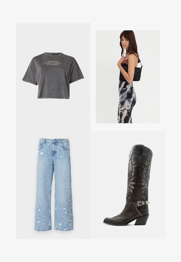 Even&Odd by Zalando T-Shirt print - black; Helleblaue Denim-Hosen im weiten Schnitt mit abgeschnittenen Patches und fransigen Kanten, fünf Taschen und einem Knopfverschluss an der Vorderseite.; Schwarzer Leder-Cowboystiefel mit dekorativen Ausschnitten, silberner Schnalle und schräger Ferse, auf weißem Hintergrund dargestellt.; Schwarze gesteppte Schultertasche mit einem einzelnen Riemen und silberner Hardware, kombiniert mit einem figurbetonten Kleid im Batikmuster in Schwarz- und Cremetönen.