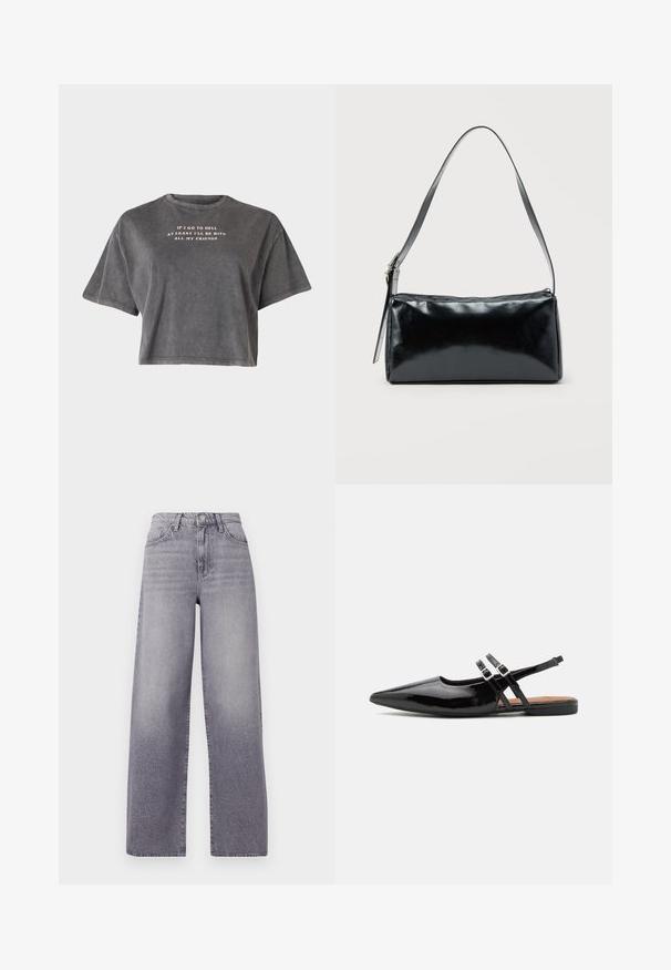 Even&Odd by Zalando T-shirt print - black; Hoge taille, wijde pijpen jeans van lichtgrijs denim. Voorzien van een klassiek vijf-pocket ontwerp, subtiele vervaging en een metalen knoopsluiting.; Zwarte gepatineerde leren slingback schoenen hebben een spitse neus, twee banden met gespsieraden en een platte zool.; Zwarte rechthoekige schoudertas met een enkele verstelbare band en een bovenste ritssluiting op een effen achtergrond.