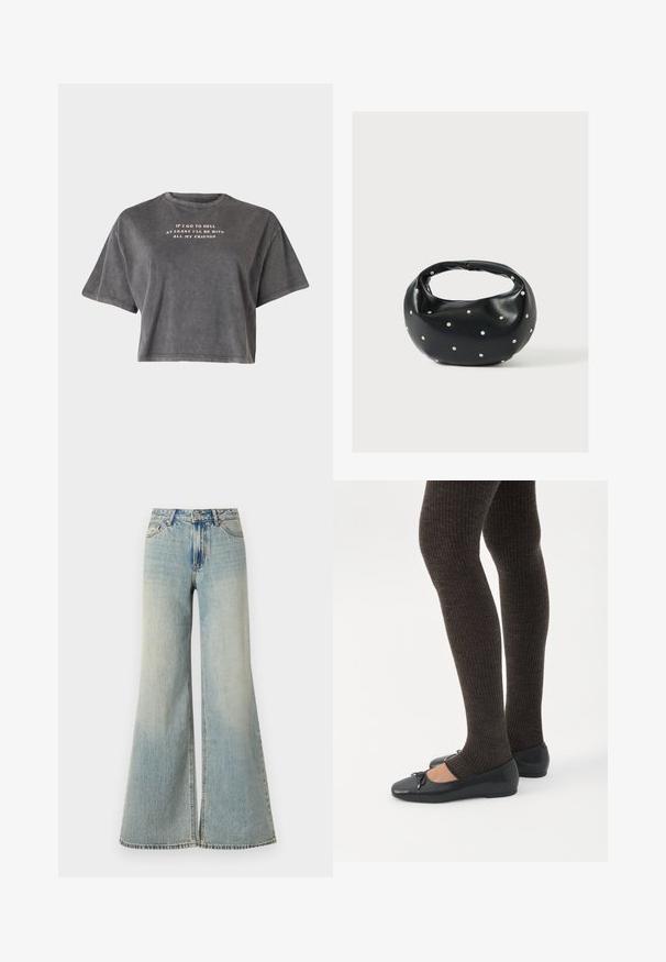 Even&Odd by Zalando T-shirts print - black; Lysblå brede jeans med høj talje, der har en falmet finish, frontlommer og en let spaltning i bunden af benene.; Ben iført mørke ribbede leggings kombineret med sorte balletsko med små sløjfedetaljer på hvid baggrund.; Sort læderhåndtaske med en rundet form, dekoreret med sølvnitter, og et kort håndtag. Glat tekstur og lynlåslukning.