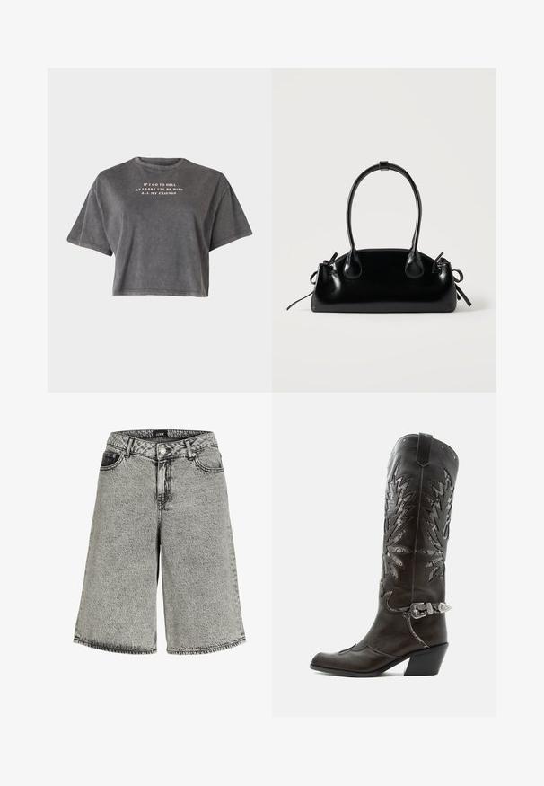 Even&Odd by Zalando T-shirts print - black; Denimshorts i falmet sort med løs pasform, der har høj talje, fem-lomme design og synlige syninger.; Sort læder cowboystøvle med dekorative udskæringer, sølvspænde og skrå hæl, vist på hvid baggrund.; Lille sort blank håndtaske med to lange håndtag og snøre-detaljer i siden på en ensfarvet lys baggrund.