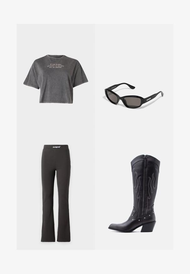 Even&Odd by Zalando T-shirts print - black; Sorte flarebukser lavet af strækbart stof med en glat tekstur. Har en bred talje med logodetaljer øverst.; Sorte cowboystøvler i læder med spids tå, synlige sømme, sølvfarvede nitte-detaljer og lynlås på den indvendige side.; Sorte solbriller med rektangulært stel, mørke linser, glat plastmateriale og en metalaccent på templet.