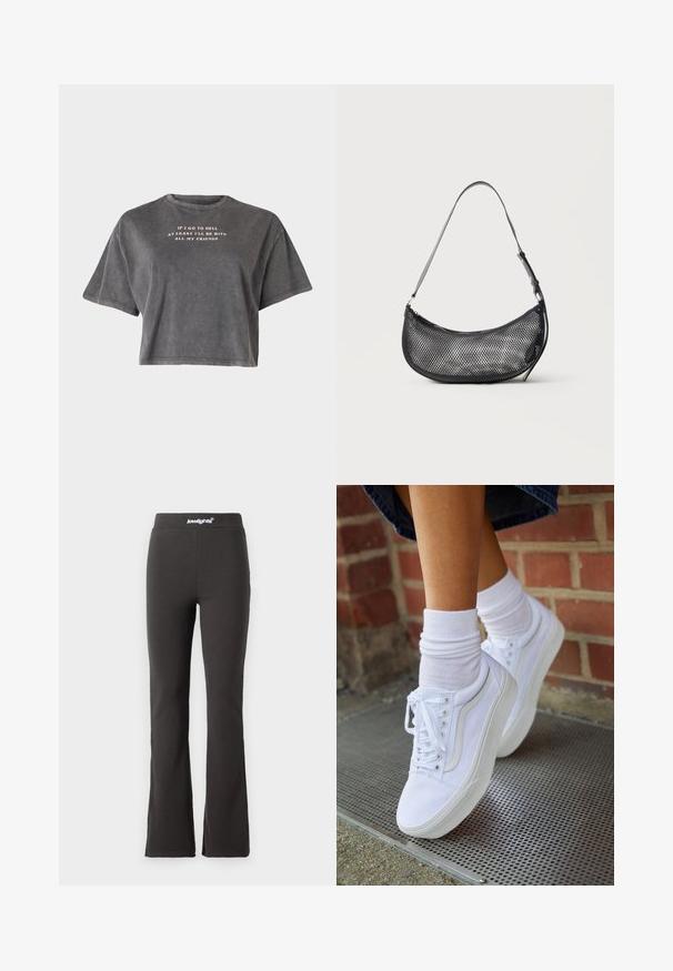 Even&Odd by Zalando T-shirts print - black; Sorte flarebukser lavet af strækbart stof med en glat tekstur. Har en bred talje med logodetaljer øverst.; Hvide lærreds sneakers med gummisåler, der har seks snørehuller, rund tå og let sømdetaljer, krydret med hvide ankelstrømper.; Lille sort mesh skuldertaske i halvmåneform med justerbar tynd rem, sat mod en ensfarvet lys baggrund.