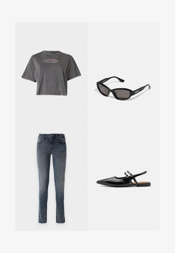 Even&Odd by Zalando Trükipildiga T-särk - black; Tumedad sinimud teksad sirge sääre lõikega, viie taskuga, vöörihmadega ja tuhmunud viimistlusega. Metallist nööp ja lukuga sulgemine.; Mustad lakknahast slingback kingad on terava ninaga, kahe rihmaga, millel on klambriga aktsendid, ning lame tald.; Mustad prillid, millel on ristkülikukujuline raam, tumedad objektiivid, sile plastikmaterjal ja metallist aksent tempel.