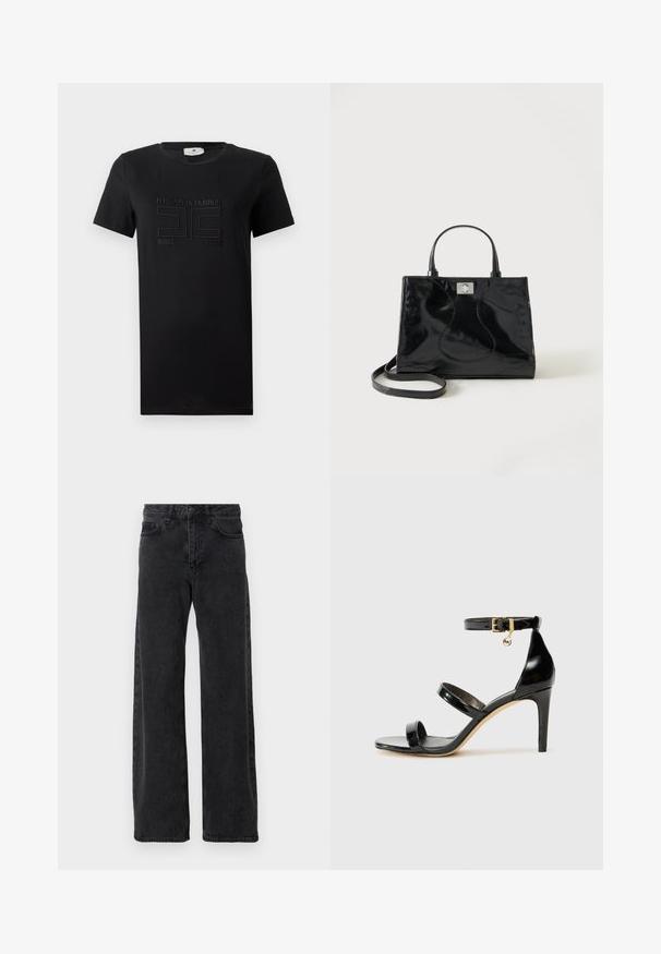 Schwarzes Baumwoll-T-Shirt mit kurzen Ärmeln, Rundhalsausschnitt und einem vorderseitig geprägten Logodesign, das "Elisabetta Franchi" und "seit 1998" zeigt.; Schwarze Denim-Jeans mit weitem Bein, klassischen fünf Taschenstil, Knopfverschluss und subtiler Waschung.; Schwarze Lackleder-Sandale mit drei Riemen, Knöchelriemen und 10 cm hohen Stiletto-Absatz. Verfügt über goldfarbene Hardware-Details und ein Logo-Charm.; Schwarze Handtasche aus Lackleder mit abgerundeten Griffen, abnehmbarem Schulterriemen und silberner Verschlussklammer auf einfachem weißem Hintergrund.